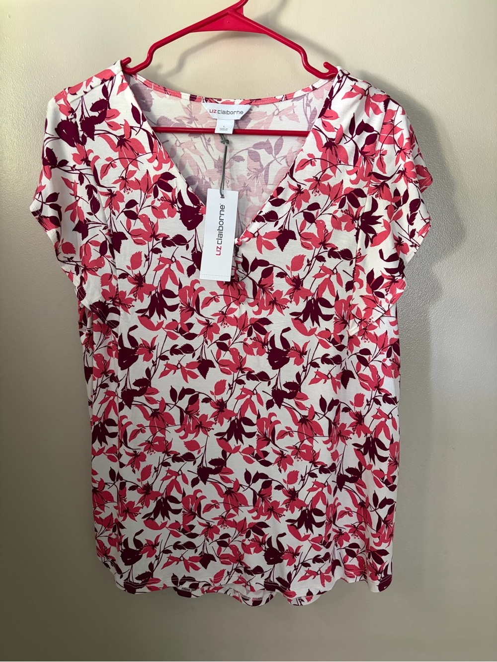 Liz Claiborne White Top with Pink & Burgundy Floral Print